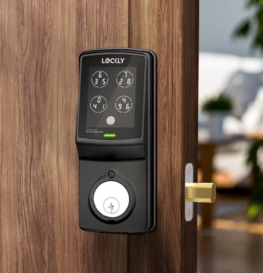 Keypad smart lock installed on home door for keyless entry convenience