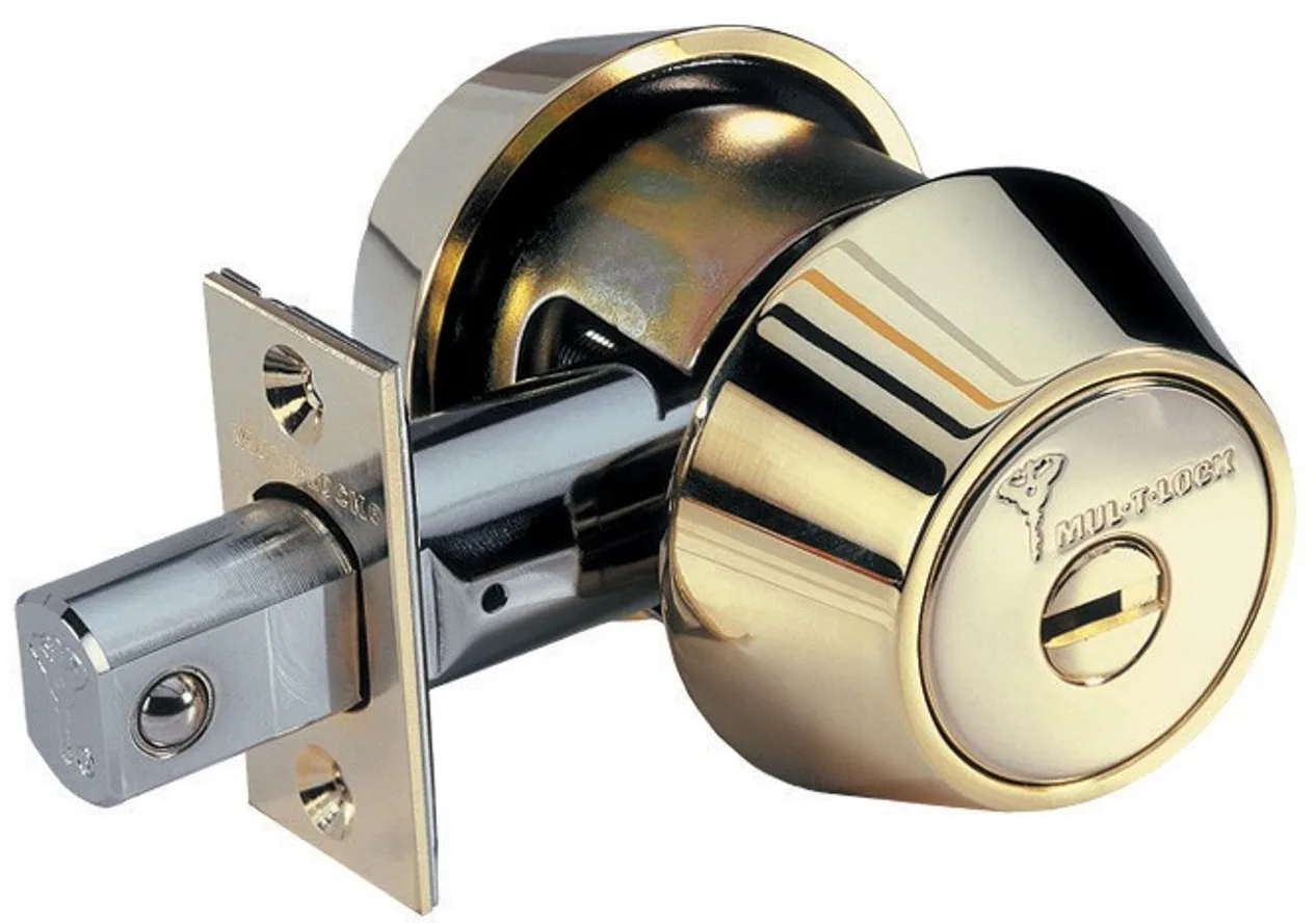 Mul-T-Lock high security deadbolt with restricted keyway installed on front door